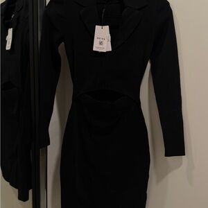 Reiss Elegant Black Long Sleeve Cut-Out Knit Dress
